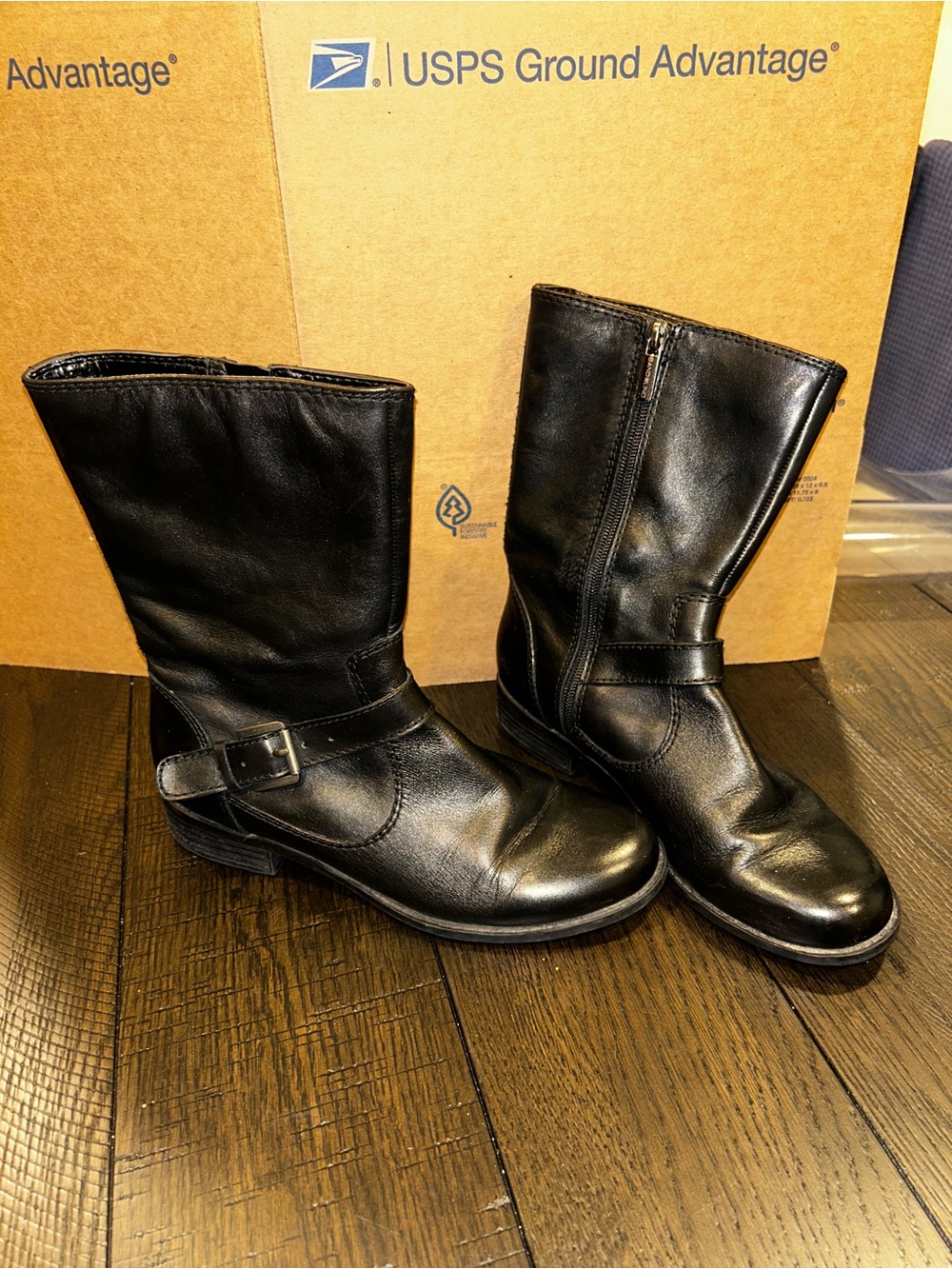 Bandolino Black Leather Mid-Calf Boots with Buckle Accent
